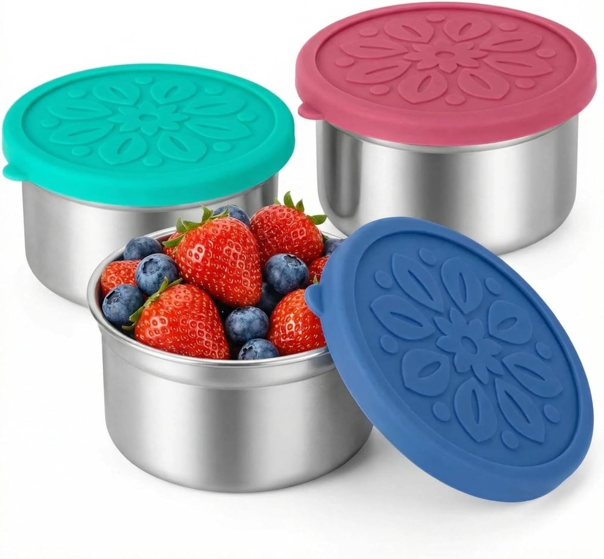Set van 3 RVS Snackpotjes, Lekvrije Voedselopslag, Herbruikbare Bento Lunchdozen met Siliconen Deksel voor Kinderen en Volwassenen, Ideaal voor Picknick en Koelkast