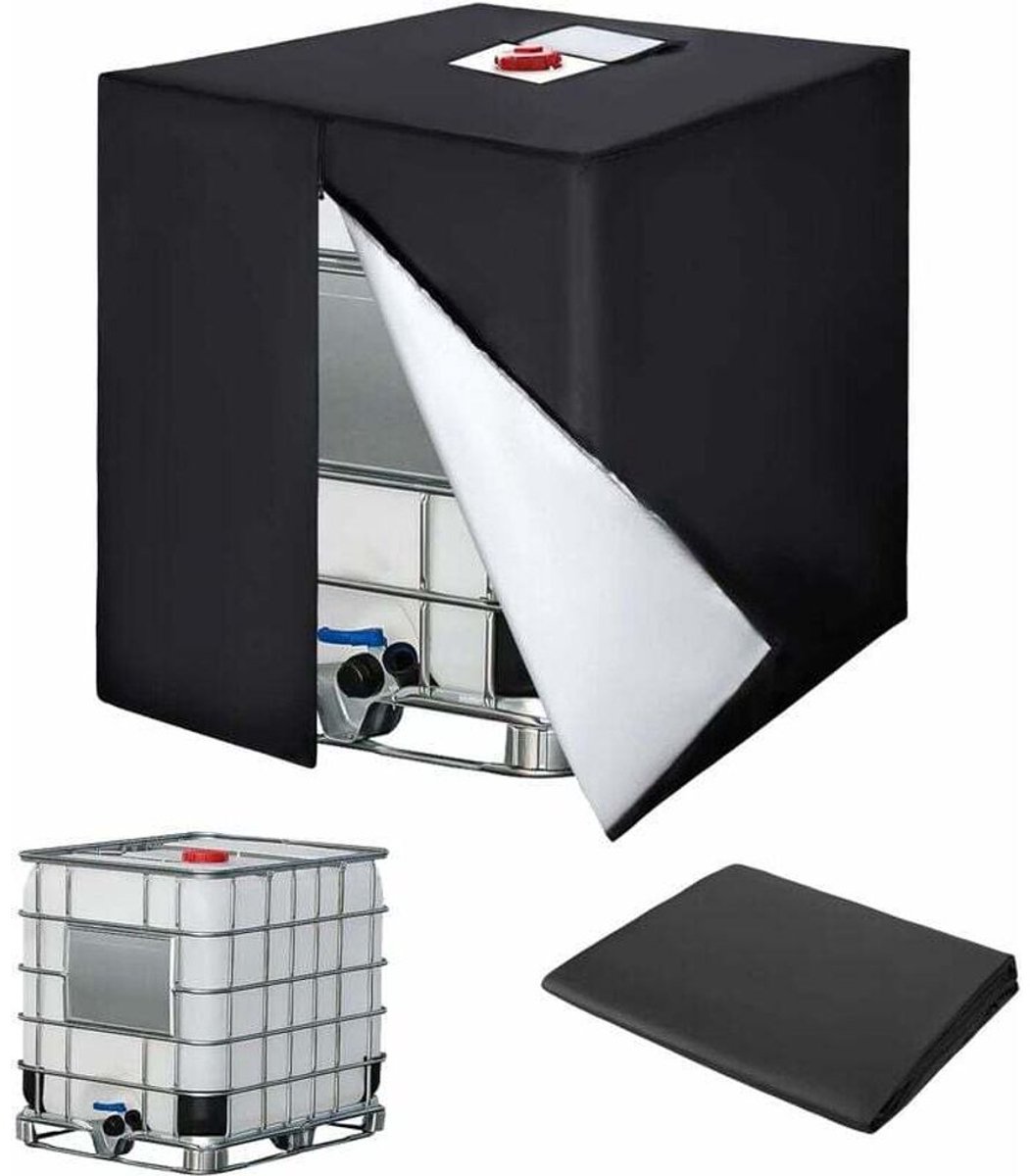 LISM-Beschermhoes voor 1000L IBC-tank, 120x100x116 cm, geschikt voor tankwand, aluminiumfolie, zwart met openingen.