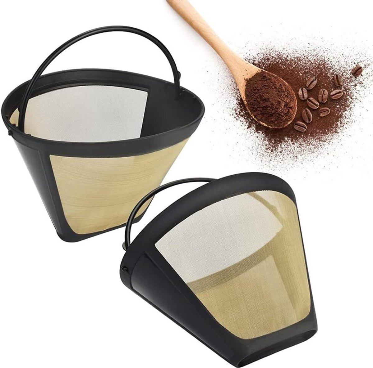 LISM-Twee herbruikbare koffiefilters, voldoende voor 8-12 kopjes koffie, gemaakt van zwart plastic.