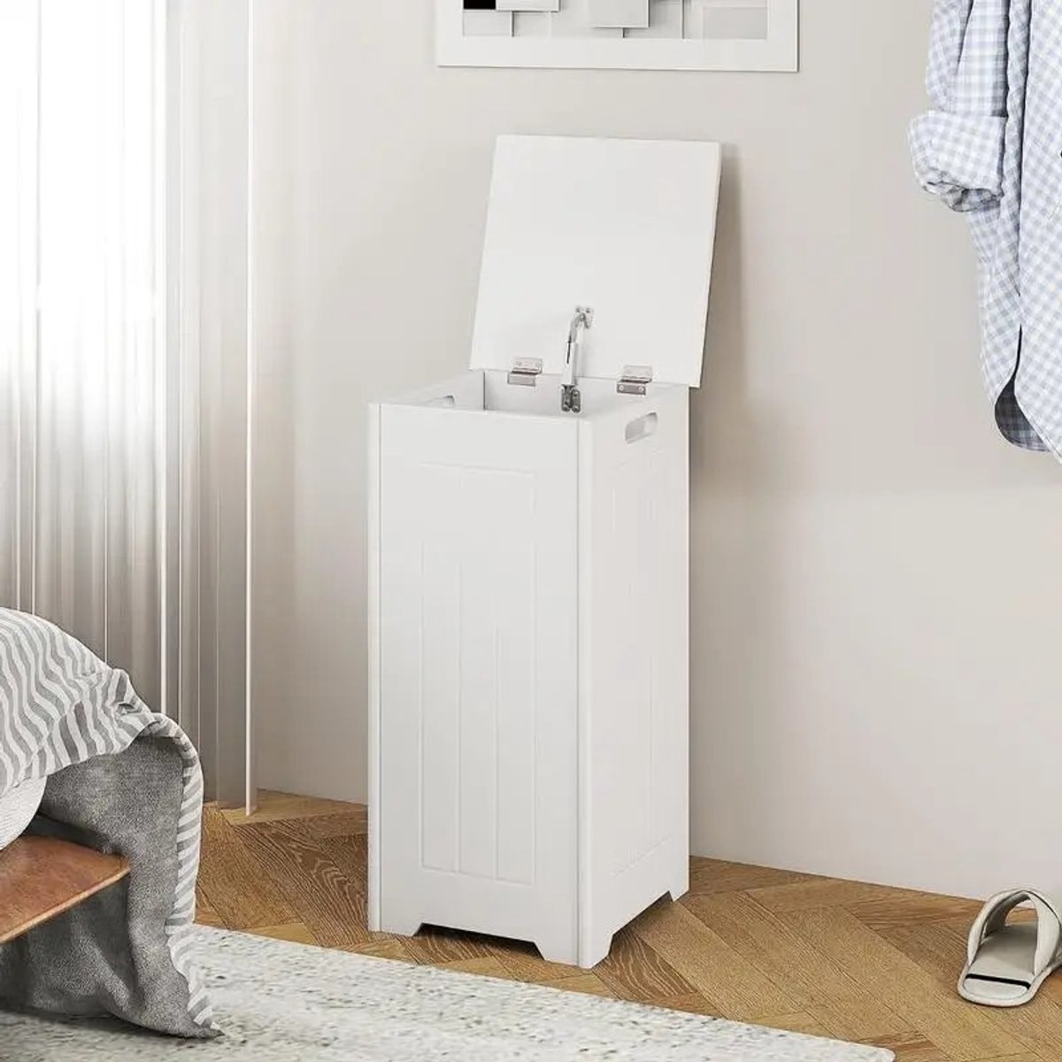 Dailygoods 34L wasmand met metalen scharnierend deksel voor de badkamer, grote capaciteit, wit