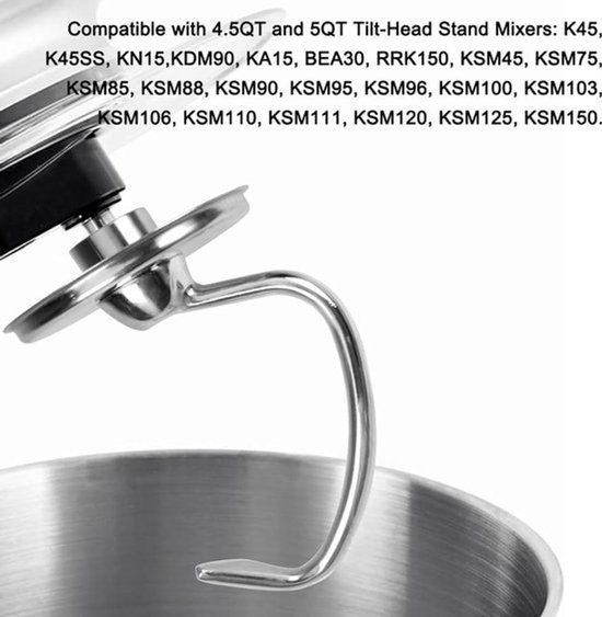 Deeghaak/mixeraccessoire Geschikt voor KitchenAid 4.5/5QT roestvrijstalen mixer/nietmachine/kneedmachine van Merkloos — afbeelding 2