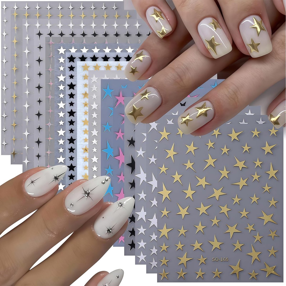 Dailygoods- Nagelstickers 14 Bladen - 3D Sterrenstickers - Zelfklevend - Nageldesign - Klassieke Kleuren - Geschikt voor Vingernagels/Tenen - Nagelkunst