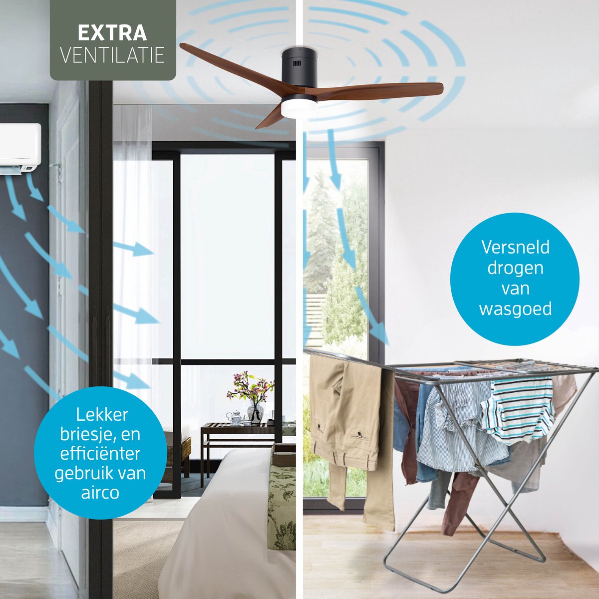 Varin® Smart Ventilator met LED verlichting - Zwart/Walnoot - Tuya Wifi - LED 18W CCT - Lange bladen - Ø 132cm - 6 snelheden - Super stil 20dB - Met afstandsbediening en gratis app - Ventilatorkachel - Ventilatoren plafond - Verkoeling en verwarming — afbeelding 4