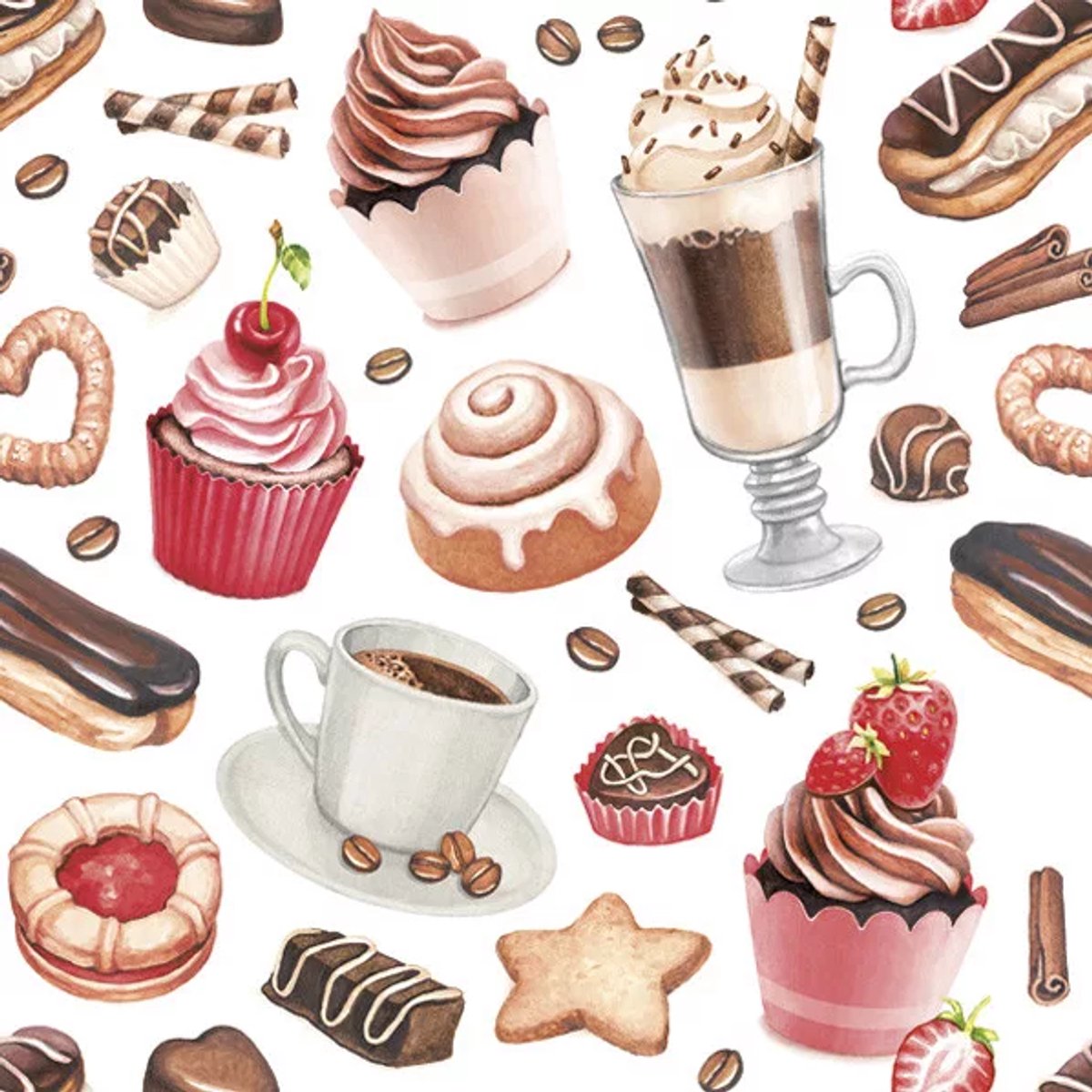 40 Servetten - Koffie - Koek - Cupcake - Chocolade - Coffee and Sweets - Op een witte achtergrond - Bruin - Rood - 33 x 33 cm - 3-Laags - Maki