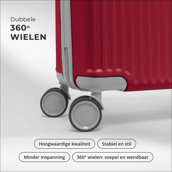 Detail van de dubbele 360 graden wielen van de rode koffer. Hoge kwaliteit, stabiel en stil.