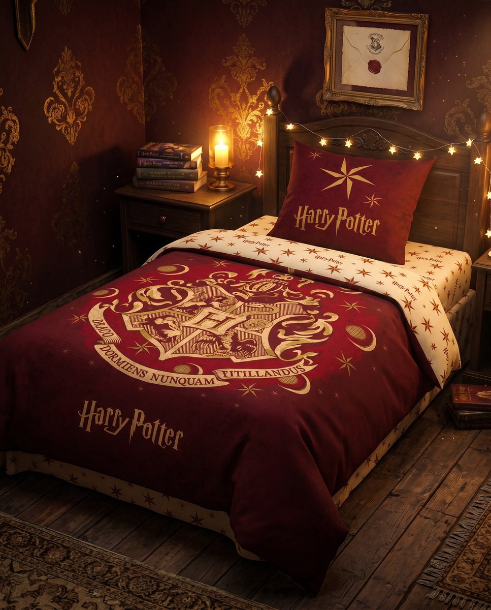 Harry Potter Zweinstein Beddenset 3 Stuks – dekbedovertrek 140x200 + Kussensloop 65x65 + Hoeslaken 90x200 – 100% Katoen