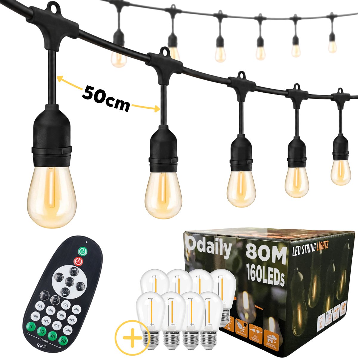 Odaily Lichtsnoer Buiten - 80 Meter - 160 LED Lampen - Warm Wit Licht - Dimbaar - Horecakwaliteit