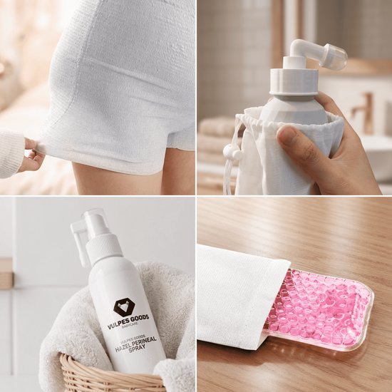 Een collage met vier beelden: zacht postpartum ondergoed, een peri bottle in etui, een hazel perineal spray in een rieten mand, en een gelpack in een etui.