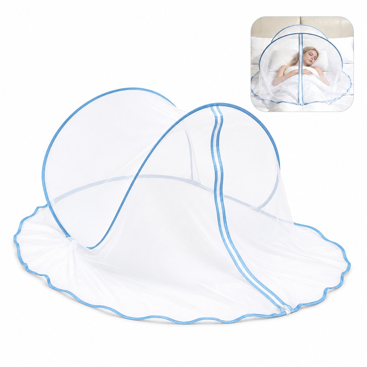 Pop-up Muskietennet Bed – 138 x 80 x 56 cm – Opvouwbare Klamboe Tent tegen Muggen – Reis Klamboe met Ritssluiting – Blauw