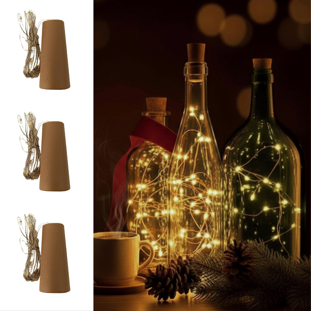 Flesverlichting - 3 Stuks - Warm Wit - Op Batterijen - Lichtsnoer - Fairy Lights - Sfeerverlichting - Binnen En Buiten