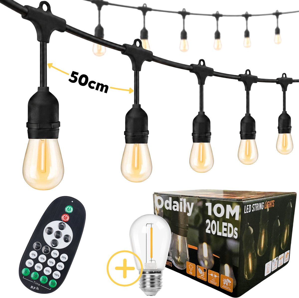 Odaily Lichtsnoer Buiten - 10 Meter - 20 LED Lampen - Warm Wit Licht - Dimbaar - Horecakwaliteit