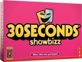 Roze doos van 30 Seconds Showbizz gezelschapsspel met groot geel logo en tekst Meer dan een partyspel.