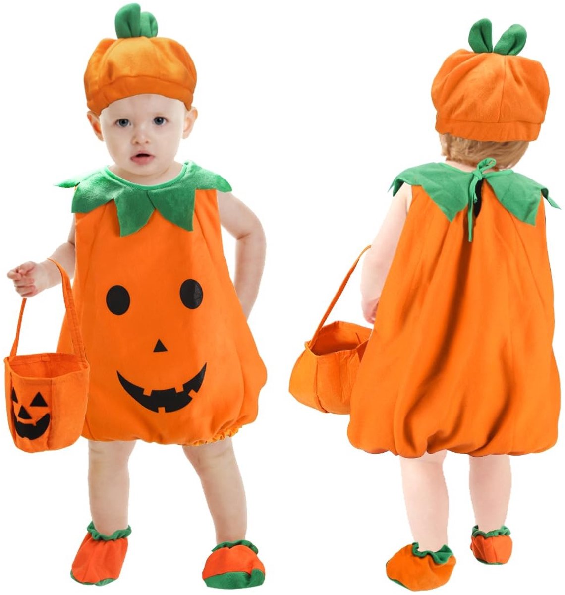 Dailygoods- Pompoenkostuum 4-delige set - Halloween Kostuum - Pompoenhoed - Pompoenzak - Schoenovertrekken - Geschikt voor 90-95 cm hoog - Halloweendkostuum