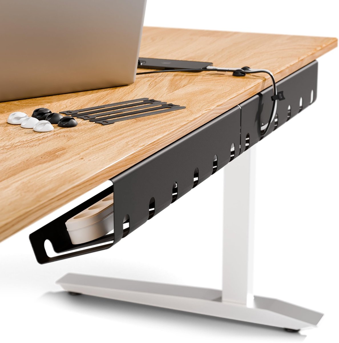 Dailygoods- Kabelgoot Zwart - Set van 2 - Inclusief 10× Klittenband Kabelbinders - Eenvoudige Installatie - Kabelbeheer voor Kantoor - Hoogwaardig Staal - Kabelorganizer