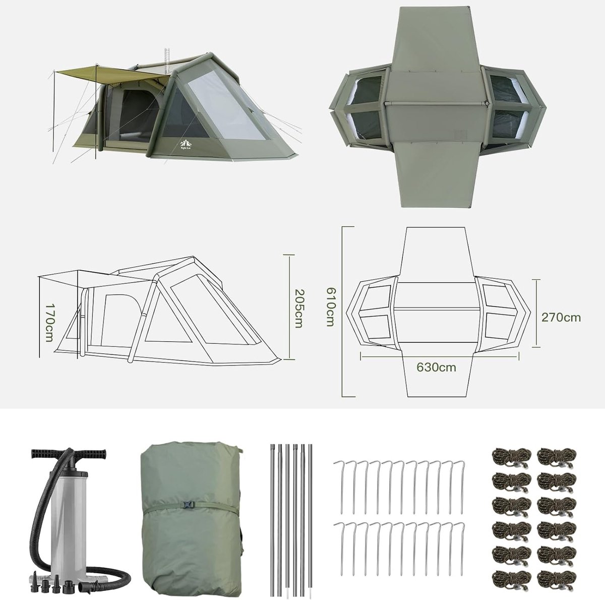 Night Cat Opblaasbaar Tent voor 6 8 Personen: Glamping Tunneltent Waterdicht Groot Winterbestendig XXL Tent met 2 Cabines en TPU Opblaaspijlers voor Outdoor Kamperen – foto 6