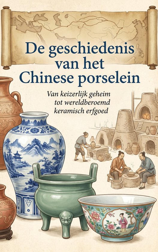 Boekillustratie: Blauwe vaas met berglandschap, groene driepotige schaal, sierschaal met figuren en pottenbakkers aan het werk.