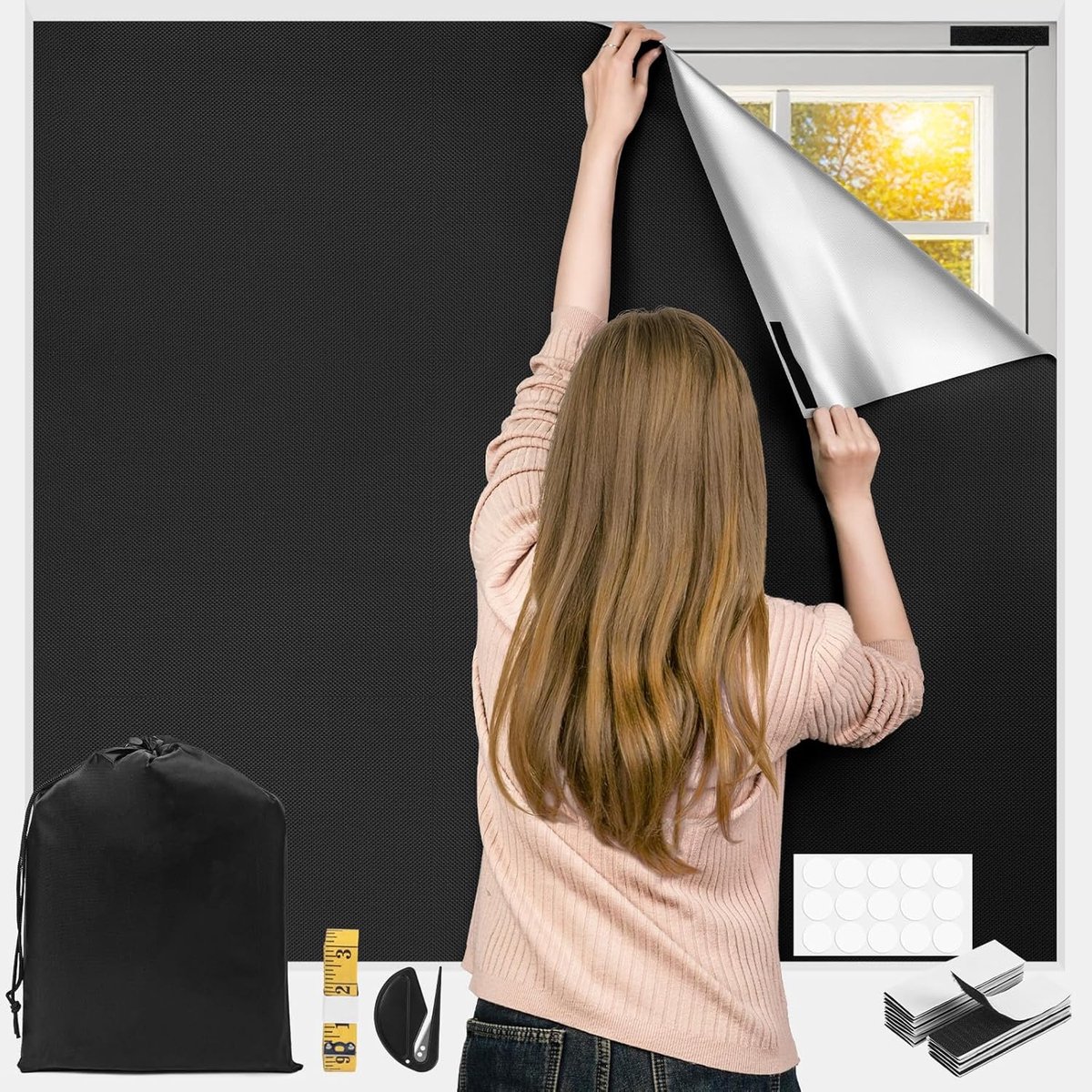 VHV Verduisterend gordijn - Blackout gordijn - Raamafdichting - Lichtdicht - Zonder boren - Draagbaar - Voor babykamer en slaapkamer - 300 x 148cm - Klittenbandsluiting - Zwart
