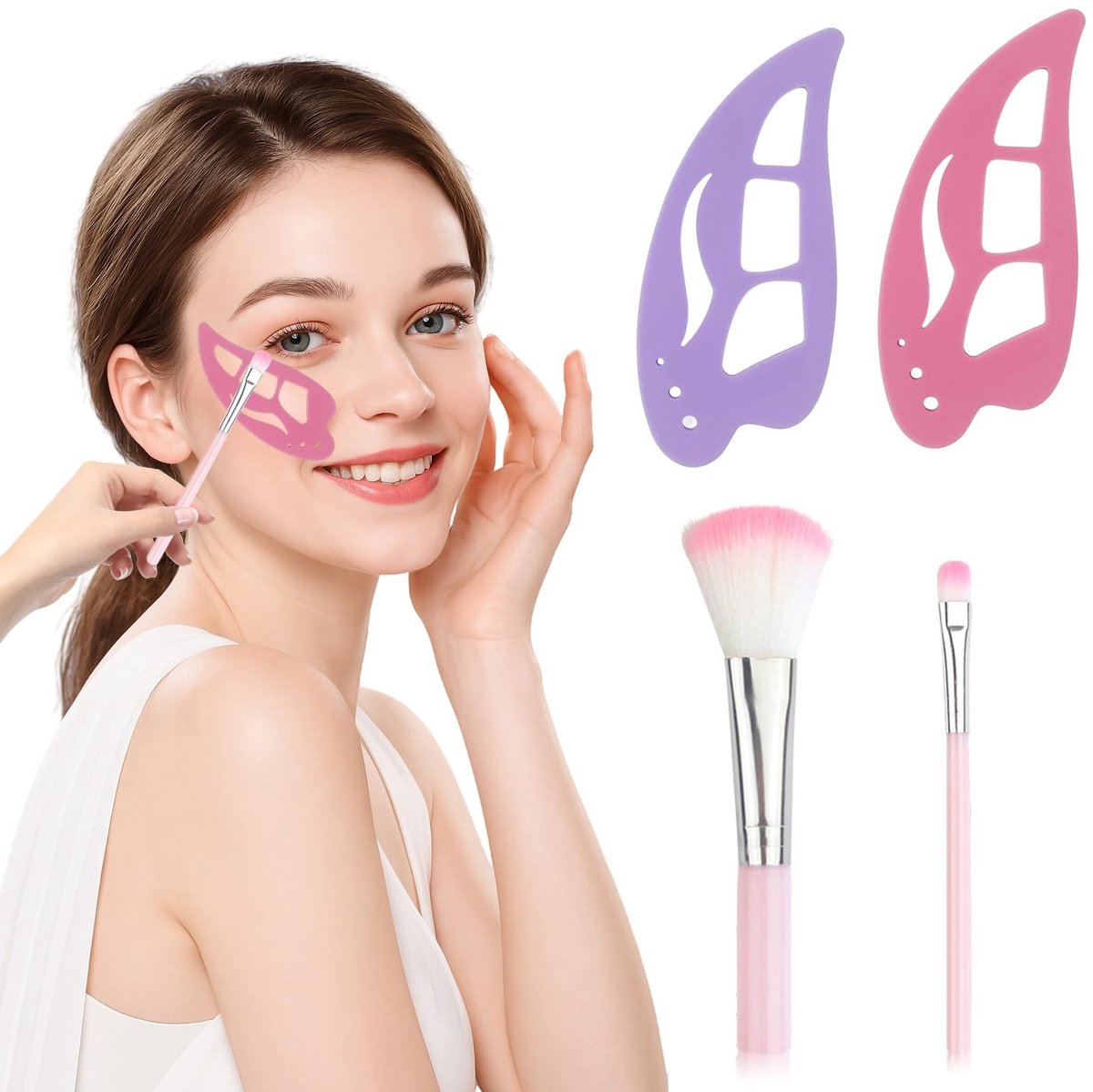 Dailygoods - Set van 4 make-up sjablonen voor ogen, eyeliner en oogschaduw van zachte siliconen, inclusief make-upkwasten, nauwkeurig gereedschap voor beginners, roze en paars, 4 stuks
