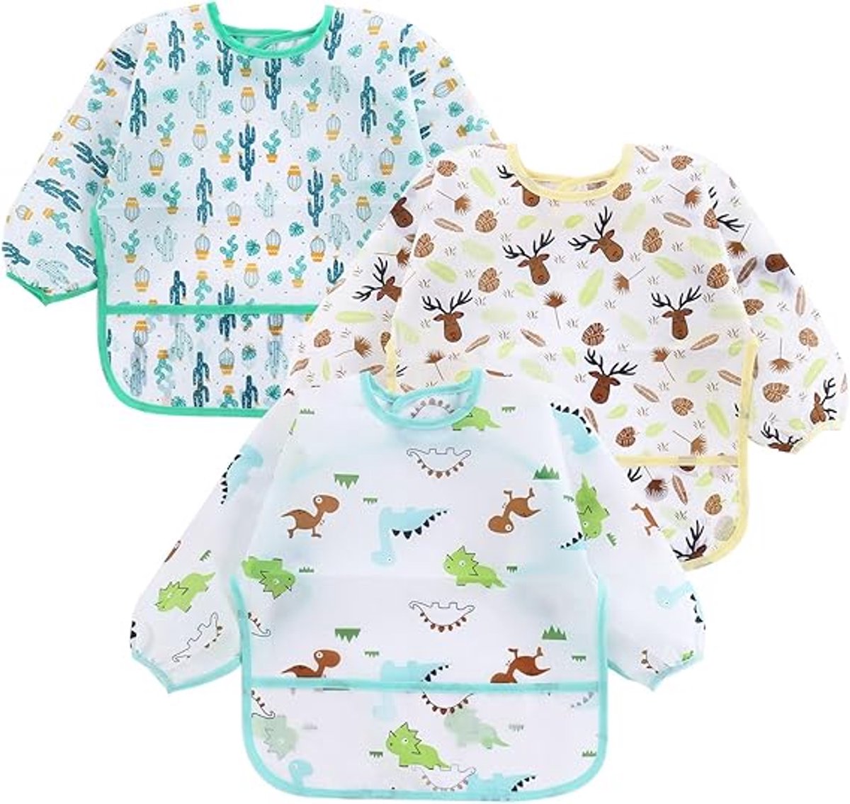 YAGXIG Baby slabbetjes - voedingsslabbetjes - cartoon slabbetjes - waterdicht - wasbare slabbetjes - set van 3 slabbetjes met lange mouwen - waterdichte slabbetjes met lange mouwen - geschikt voor baby's jonger dan 2 jaar