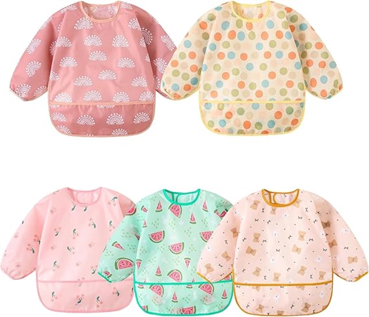 YAGXIG Slabbetjes - Waterdichte slabbetjes voor pasgeborenen - Slabbetjes - Slabbetjes met lange mouwen - 5-delige set - Waterdichte slabbetjes met mouwen - Babyvoedingssjaals - Maat M - Geschikt voor baby's jonger dan 2 jaar