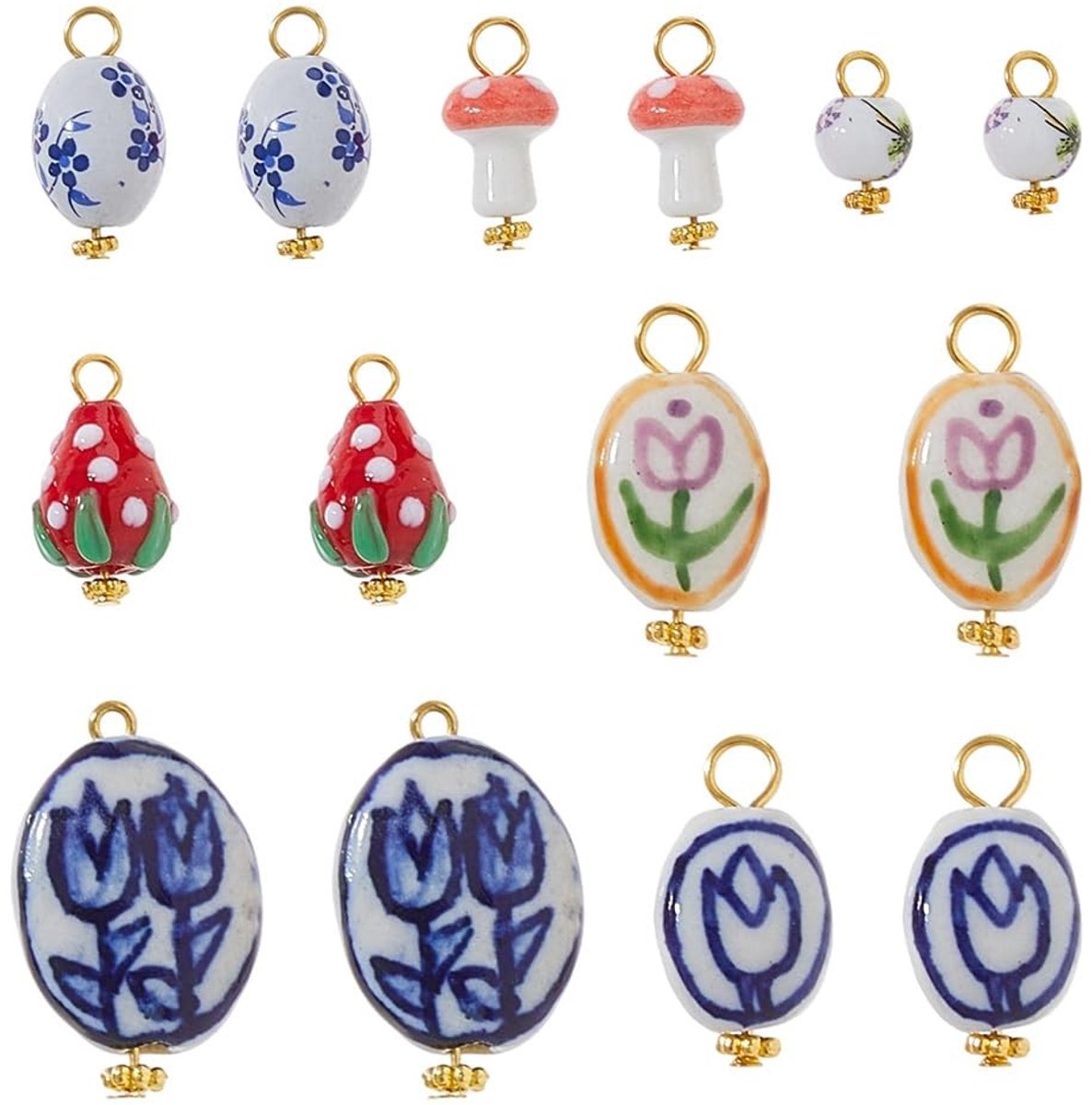 Dailygoods- Keramische Kralen Set 14 Stuks - Diverse Vormen - Bloem/Paddestoel/Aardbei - Hoogwaardige Porselein - Gouden Details - 7 Stijlen - Sieraden Charms