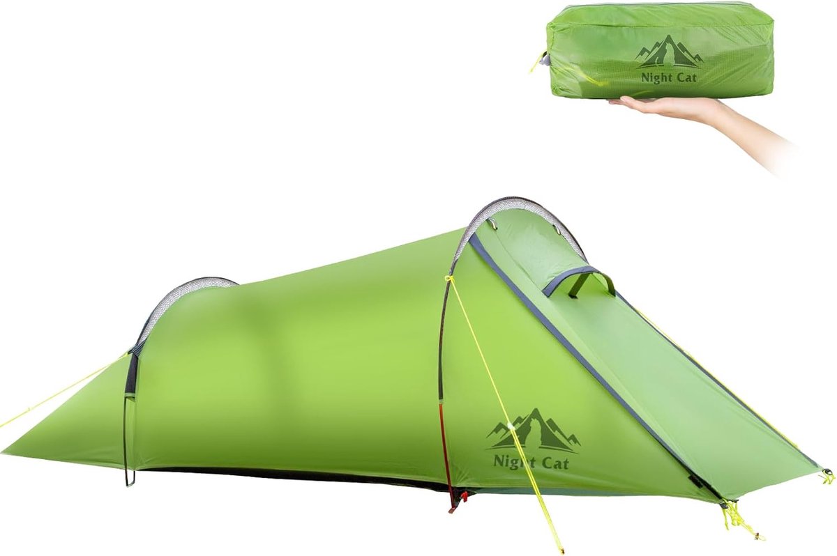 Night Cat Tunneltent 2 Personen Waterdicht: Ultralicht Tent voor Fietstocht Klein Pakformaat Trekken Kamperen