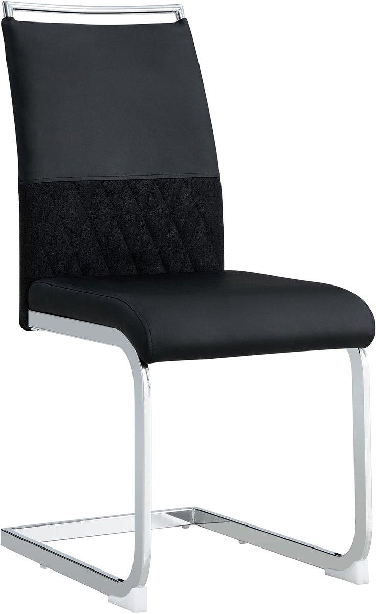 Moderne eetkamerstoelen, set van 2, PU-leer en linnen rugleuning, hoge gestoffeerde stoel, horizontale strepen op de rugleuning, geschikt voor eetkamer, keuken, gastenkamer of kantoor, Zwart