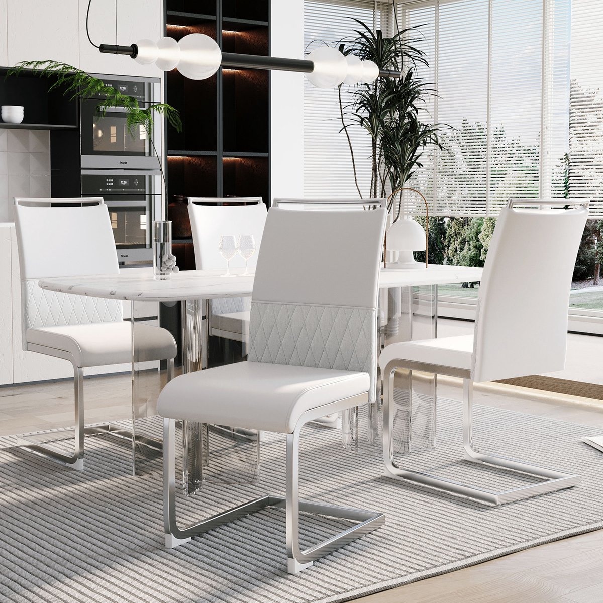 Moderne eetkamerstoelen, set van 4, PU-leer en linnen rugleuning, hoge gestoffeerde stoel, horizontale strepen op de rugleuning, geschikt voor eetkamer, keuken, gastenkamer of kantoor, Wit