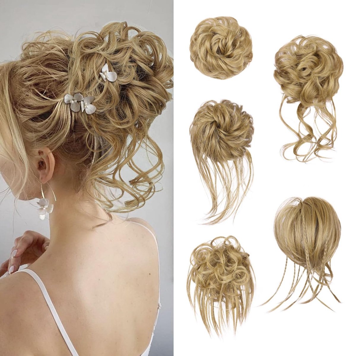 Dailygoods- Haarstukje 5 Stuks - Haarstukje met Elastiek - Grote Knot - Golvend Natuurlijk Kunsthaar - Opgestoken Kapsels - Haarverlenging
