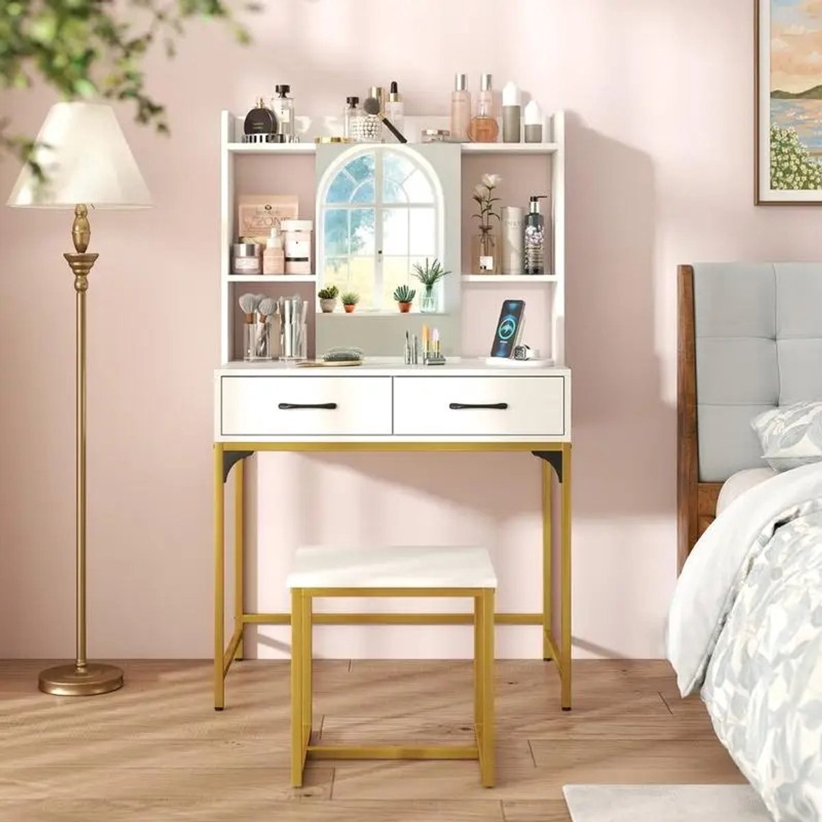 Dailygoods Kaptafelset met spiegel & oplaadstation, laden, open planken en spiegelkast voor slaapkamer, wit - AliExpress