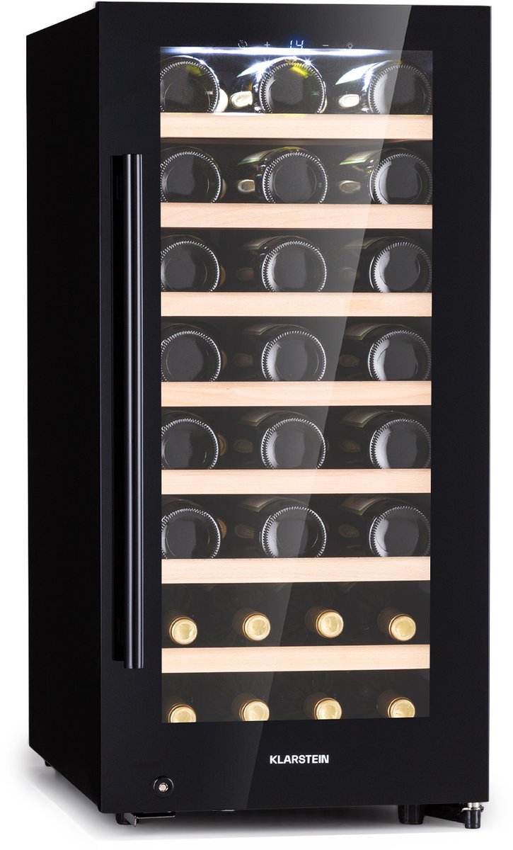 Klarstein Wijnkoelkast vrijstaand, Kleine drankenkoelkast smal, 1 zone wijnkoelkast met glazen deur, Indoor/Outdoor Beersafe, Koelkast klein met uv-bescherming, 5-18°C, 38 flessen