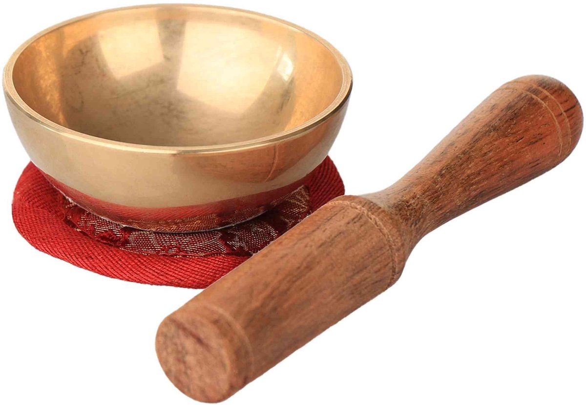 Solidchoice- Klankschaal set handgemaakt - messing klankschaal - houten lepel - stoffen kussen - meditatie - ca. 6 x 2,5 cm - ca. 145 g - Meditatiekussen