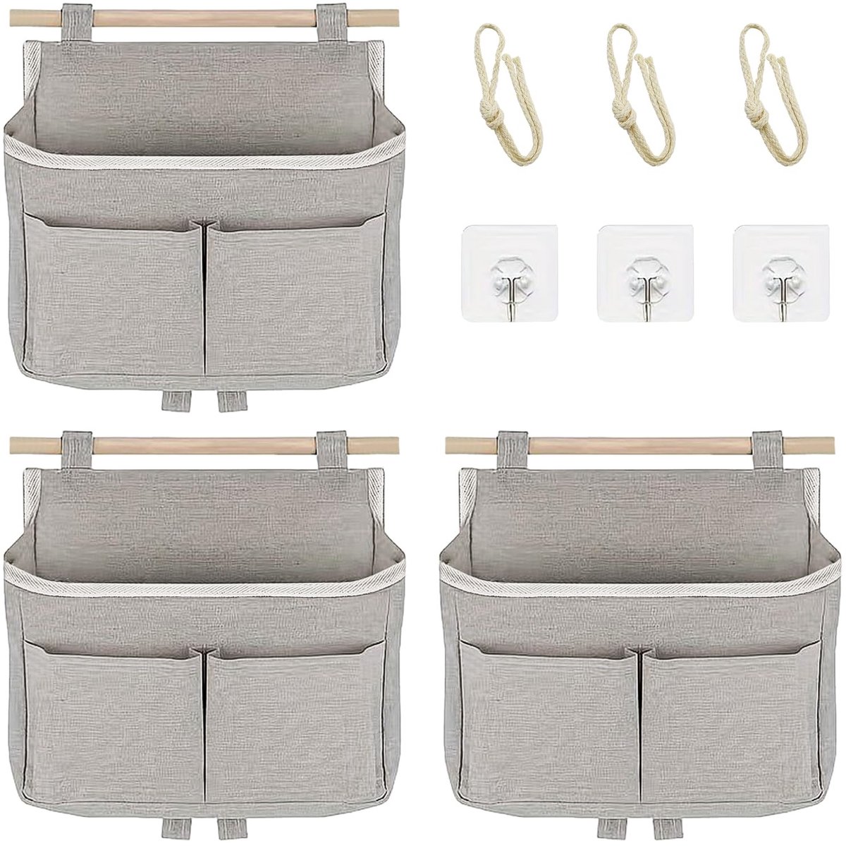 Dailygoods - OMJMYY 3 stuks hangorganizer, camping, hoge capaciteit, hangopslag, opvouwbare linnen wandorganizer, hangende hangtas, 3 vakken met lijm voor kantoor, thuis, slaapzaal, badkamer (grijs)