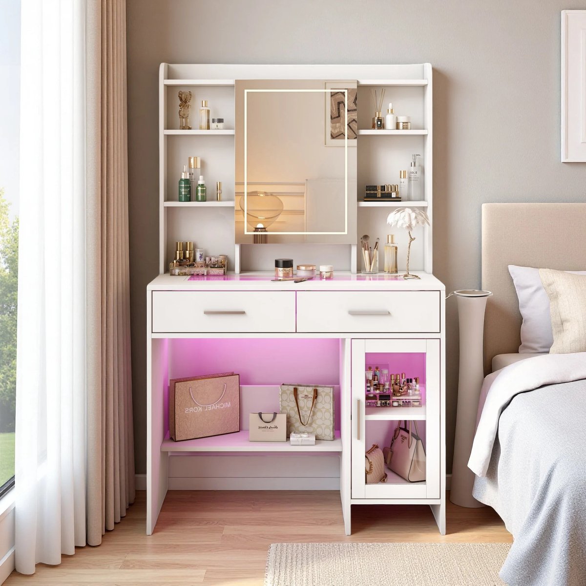 Dailygoods Kaptafel met verstelbare LED-verlichting, slaapkamerkaptafelset met spiegel en kruk, moderne cosmetische tafe