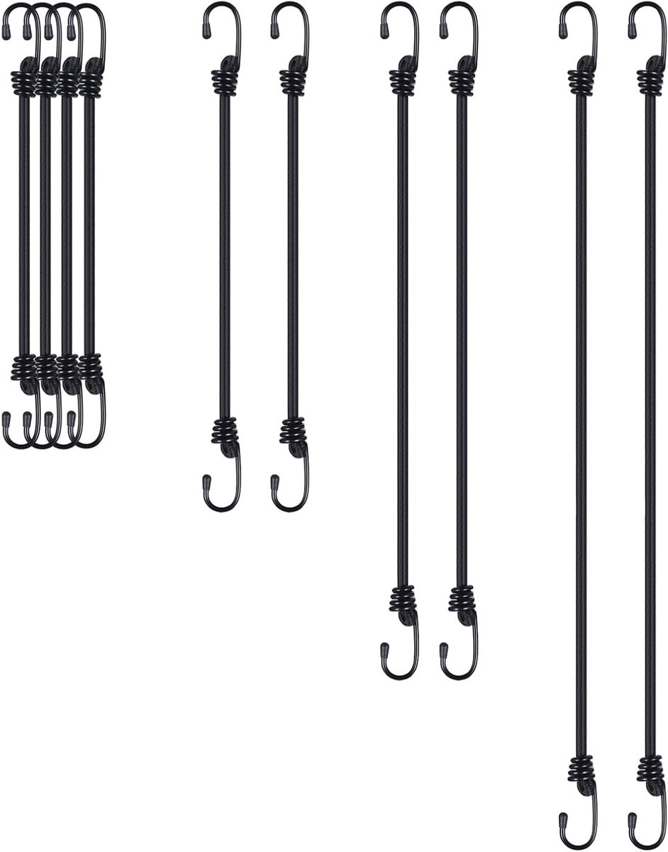 Set van 10 Spanning Rubberbanden met Haken, Sterke Lading Bevestigingsbanden voor Fietsen, Motoren en Bagage, Verkrijgbaar in 4 Lengtes, Ideaal voor Diverse Toepassingen