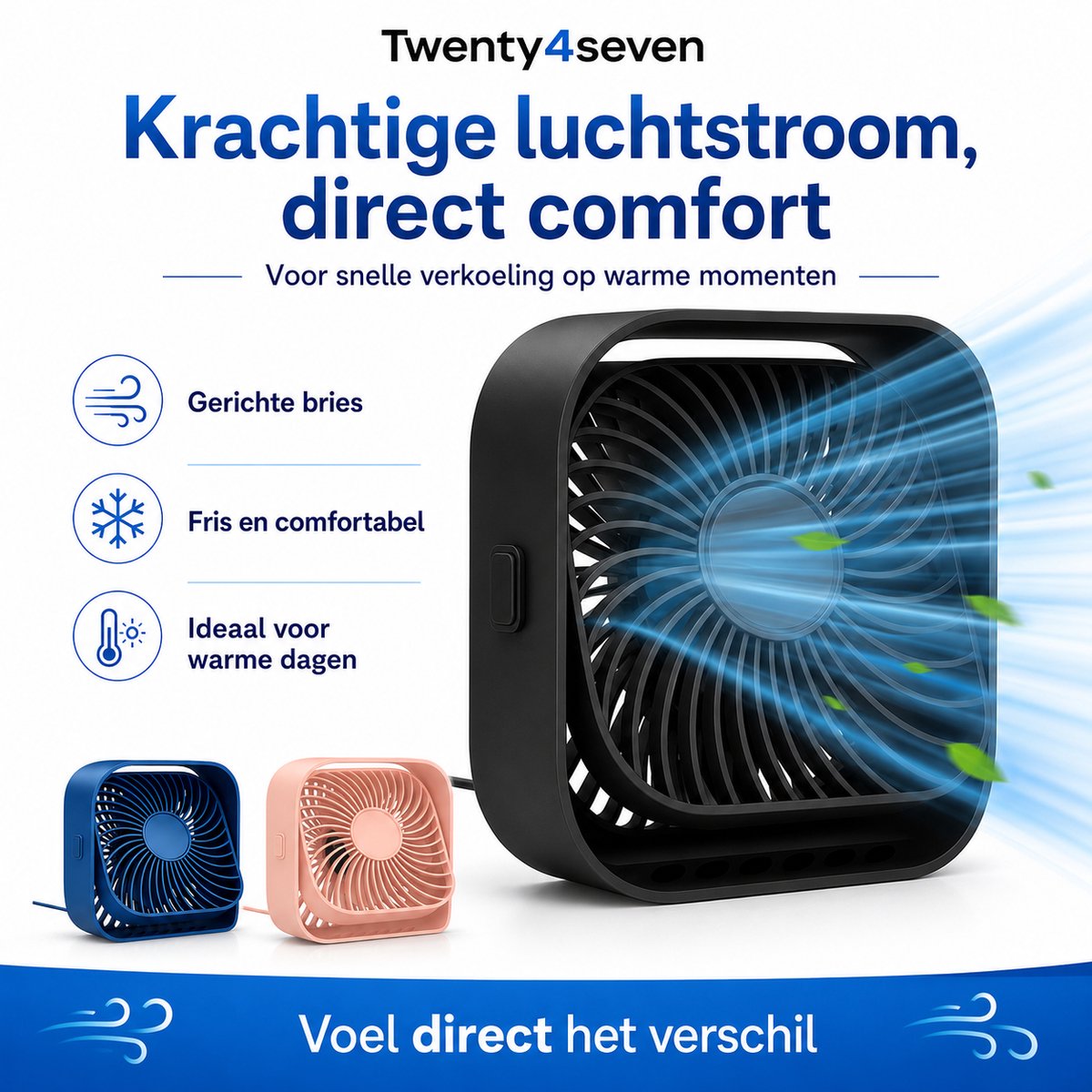 Twenty4seven® Mini Tafelventilator - Ventilator Oplaadbaar - Handventilator Zwart - Vloerventilator met 3 Standen — afbeelding 3