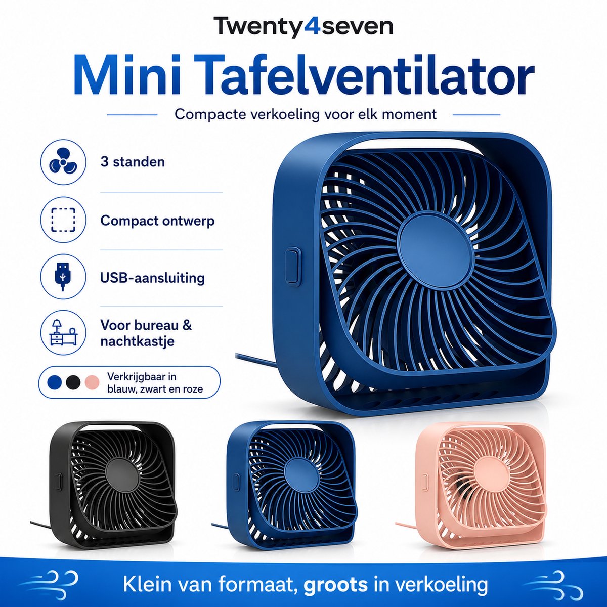 Twenty4seven® Mini Tafelventilator - Ventilator Oplaadbaar - Handventilator Roze - Vloerventilator met 3 Standen — afbeelding 5