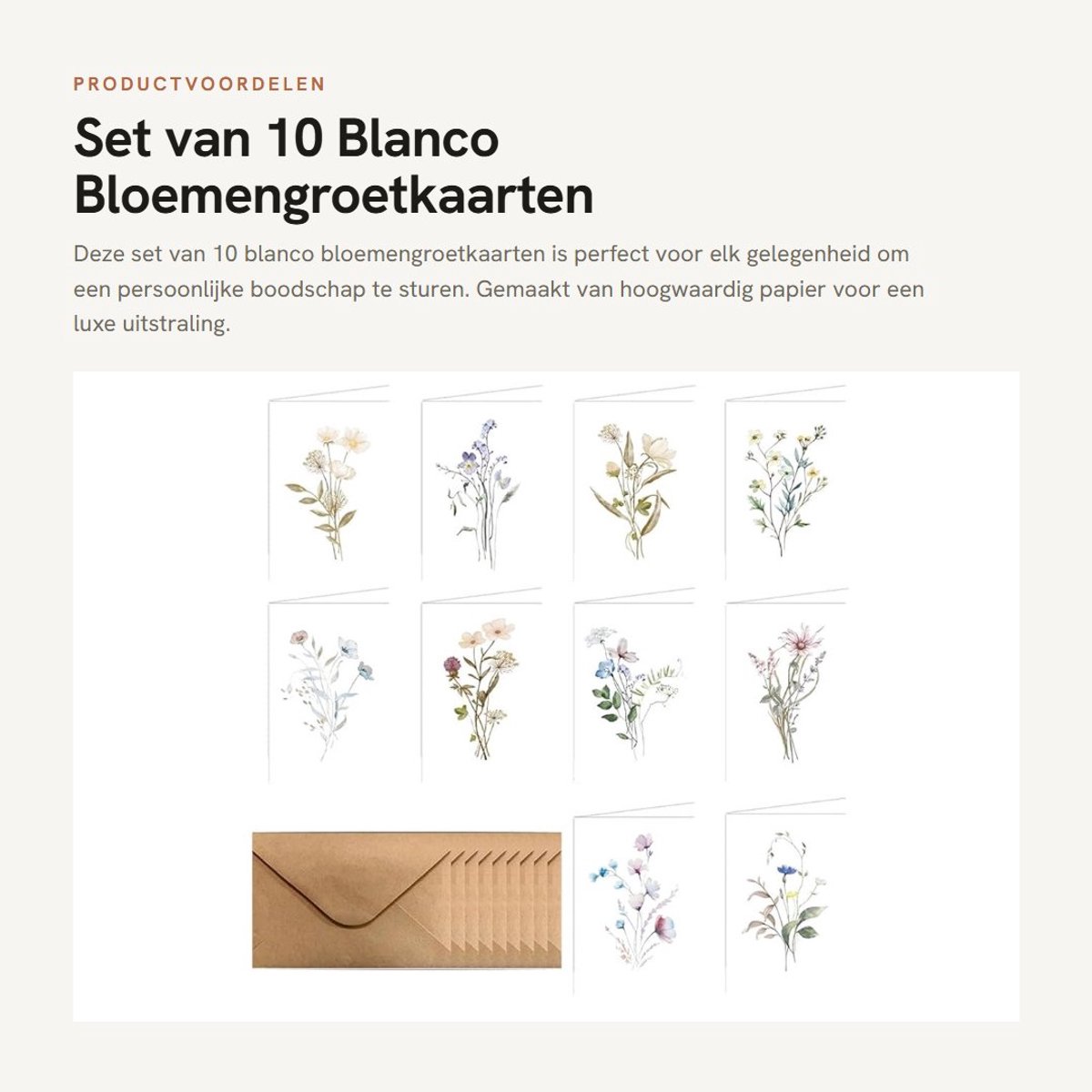 Dailygoods- Bloemengroetkaarten Set van 10 - Blanco Wenskaarten - A6 Formaat - Hoogwaardig Papier - Inclusief 10 Enveloppen - Perfect voor Persoonlijke Berichten