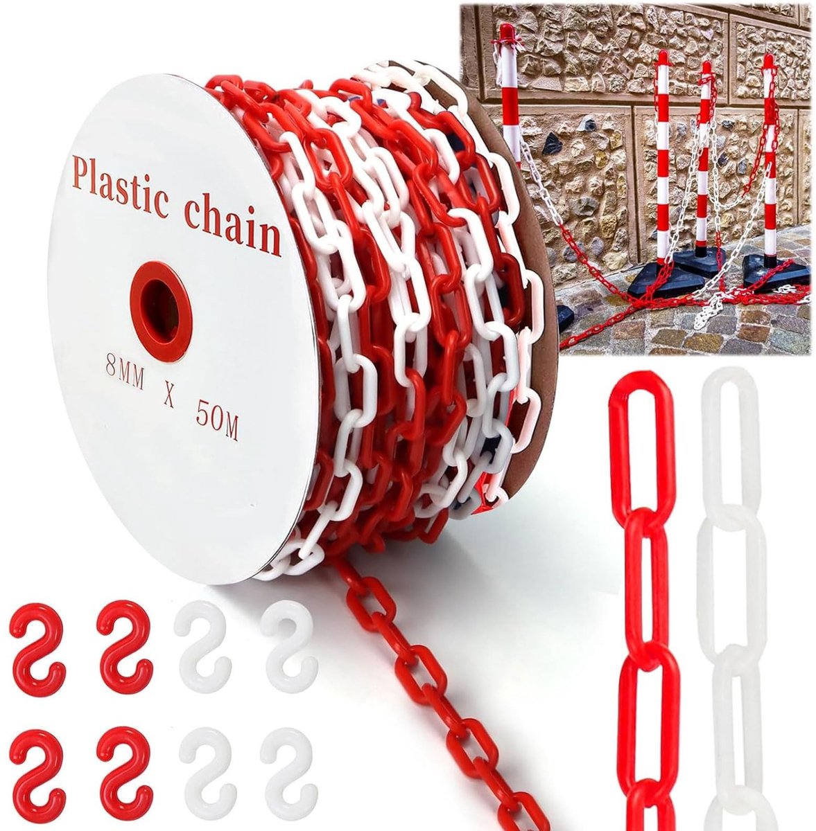 Dailygoods- Afsluitketting 50 m - Kunststof Ketting - Rood/Wit - 8 mm Waarschuwingsketting - Inclusief 8 Karabijnhaken - Voor Opritten en Werkplekken