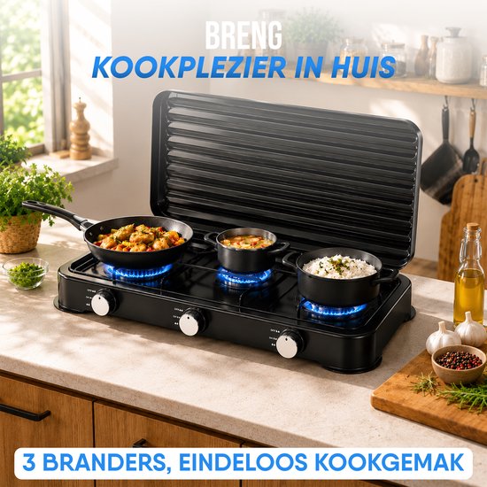 Royal Swiss® Gasfornuis 3-Pits - Gaskooktoestel met Deksel - Camping Kooktoestel - Geschikt voor Propaan en Butaan - Zwart van Royal Swiss — afbeelding 2