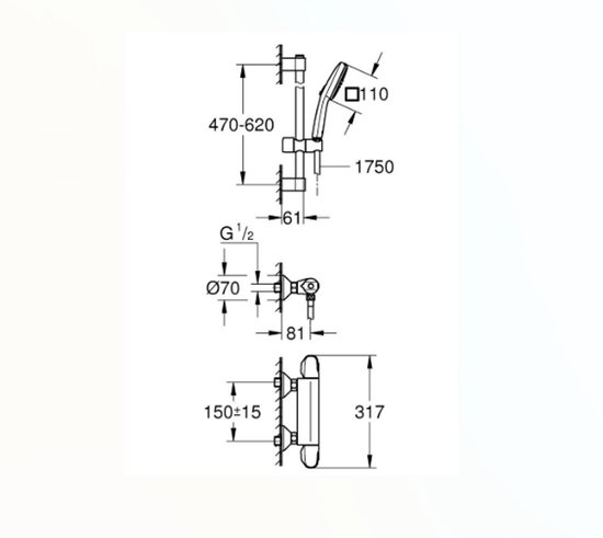 Grohe Grohtherm 1000 New - douche comfortset (thermostatische kraan, doucheslang/stang/kop en koppelingen)