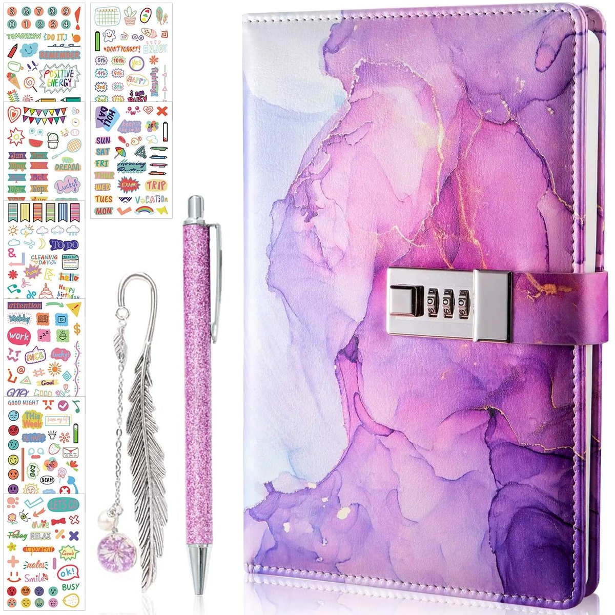 Dailygoods- Dagboek met Slot - A5 PU Lederen Notitieboek - 200 Pagina’s - Cadeau voor Meisjes - Paars Marmeren - Inclusief Pen/Bladwijzer/Stickerset