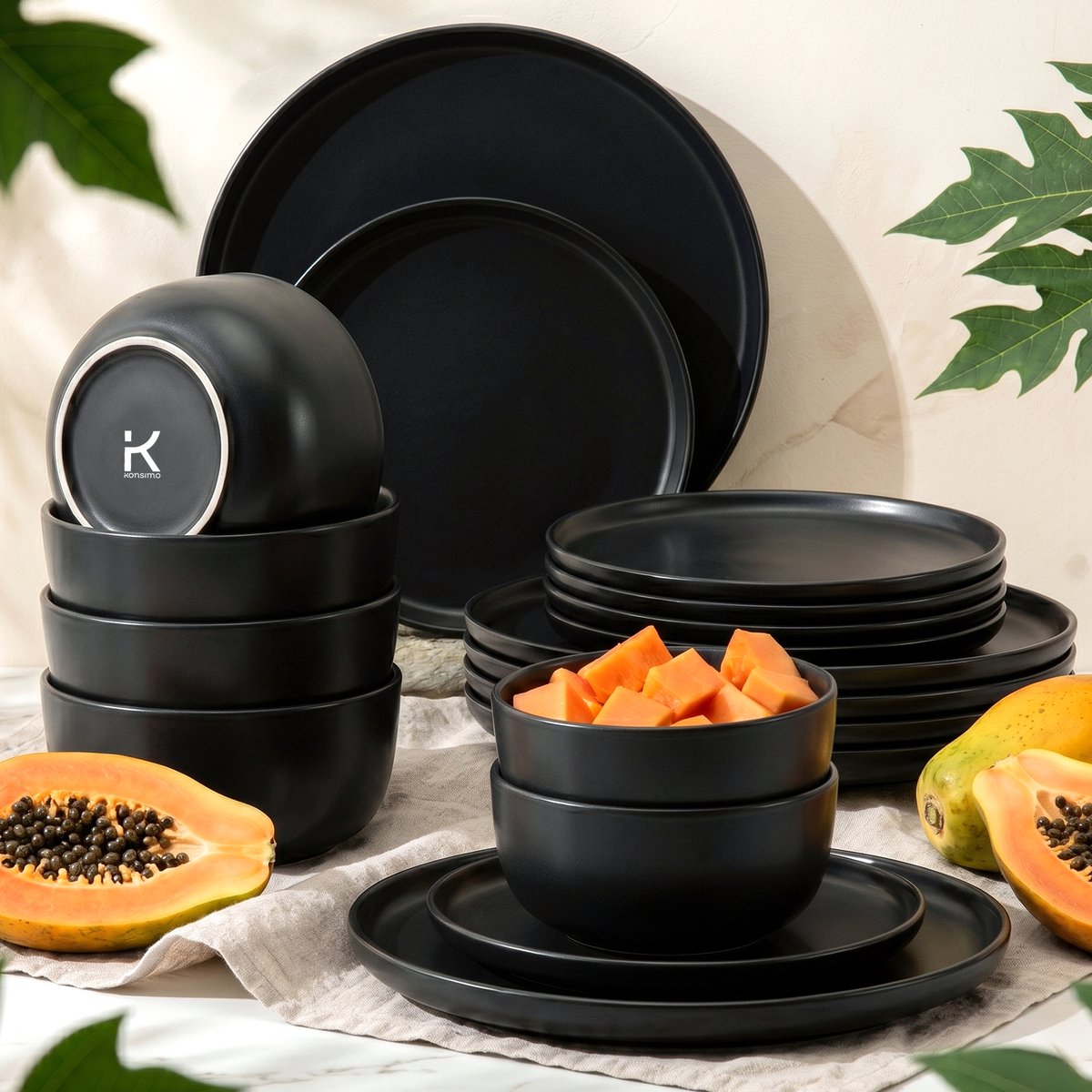 KONSIMO® VICTO - 18 delig - 6 persoons - Keramiek - Dessertbord, Kom, Dinerbord - Zwart