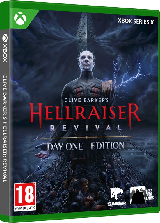 Boîte de jeu Hellraiser Revival Day One Edition Xbox Series X avec Pinhead au centre, entouré de chaînes et d'éclairs.