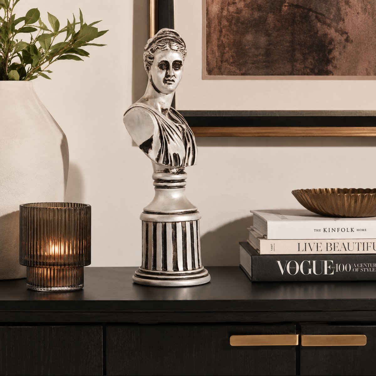 Klassiek Apollo Beeld op Sokkel – Zilver Zwart Polyresin Buste 45 cm – Grieks Romeins Standbeeld – Luxe Beeldhouwwerk Ornament – Decoratief Kunstbeeld voor Woonkamer, Hal, Kantoor, Hotel, Dressoir & Interieurdecoratie