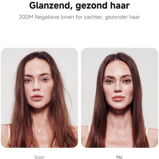 Voor-en-na foto van haar dat glanzend en gezond is na gebruik van de haardroger. Text: Glanzend, gezond haar