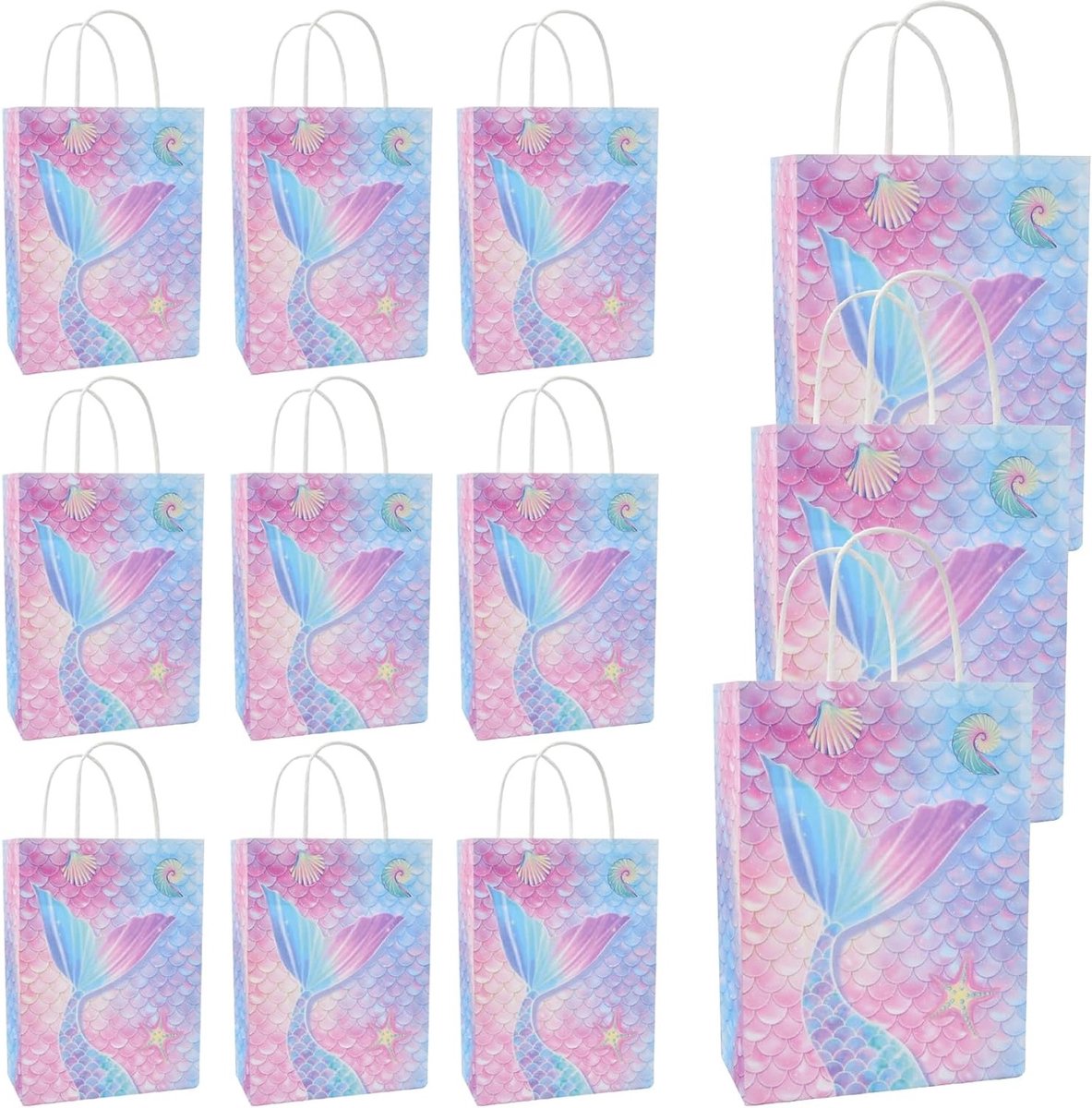 Mermaid Cadeautassen - Papieren Zakjes van Kraftpapier voor Verjaardag en Bruiloft - 12 Stuks, Roze, Milieuvriendelijk en Herbruikbaar