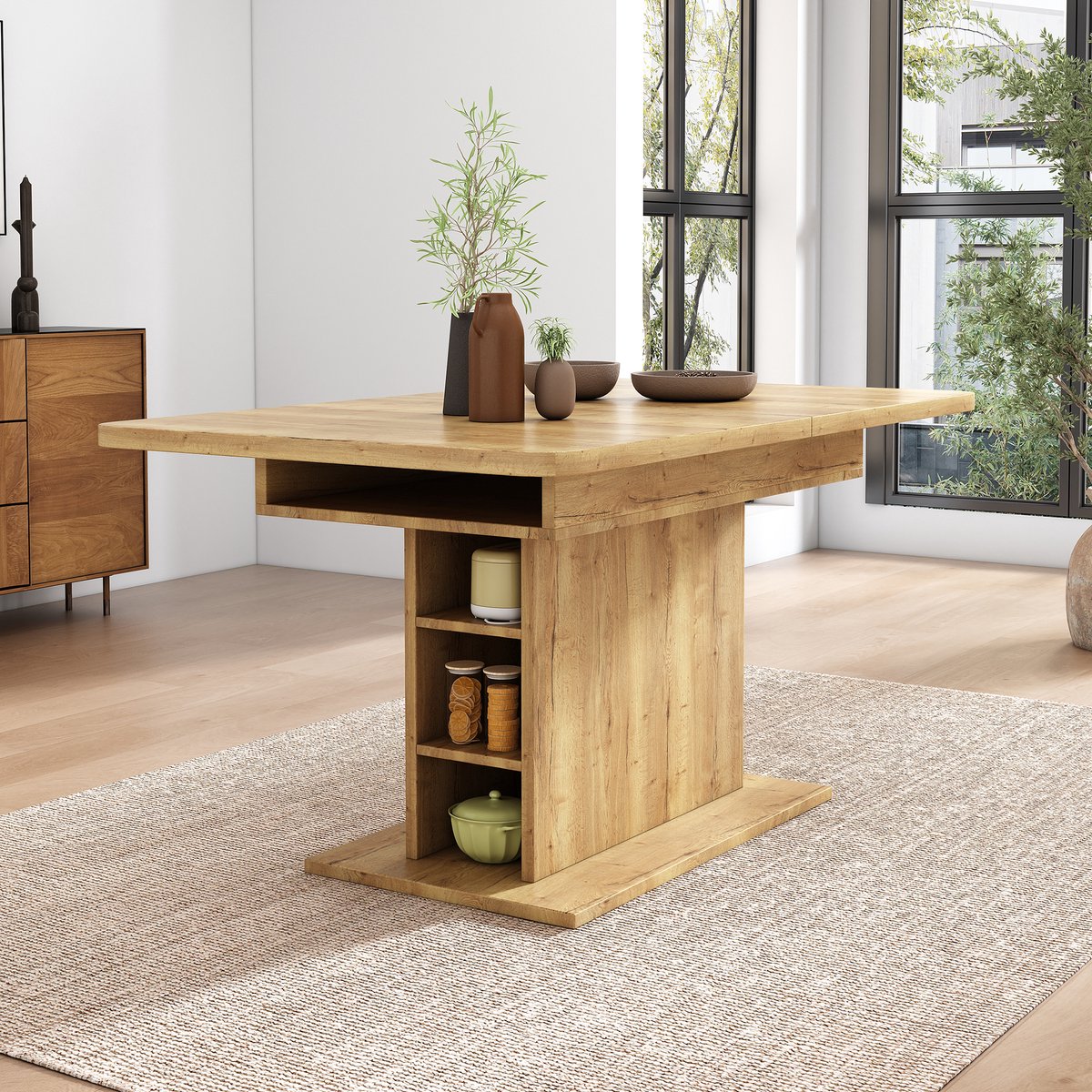 DESMIU Uitschuifbare Eettafel Met Opbergruimte Voor Woonkamer En Eetkamer Van Spaanplaat En Metaal In Natuurlijke Kleur 110 Tot 130 Cm