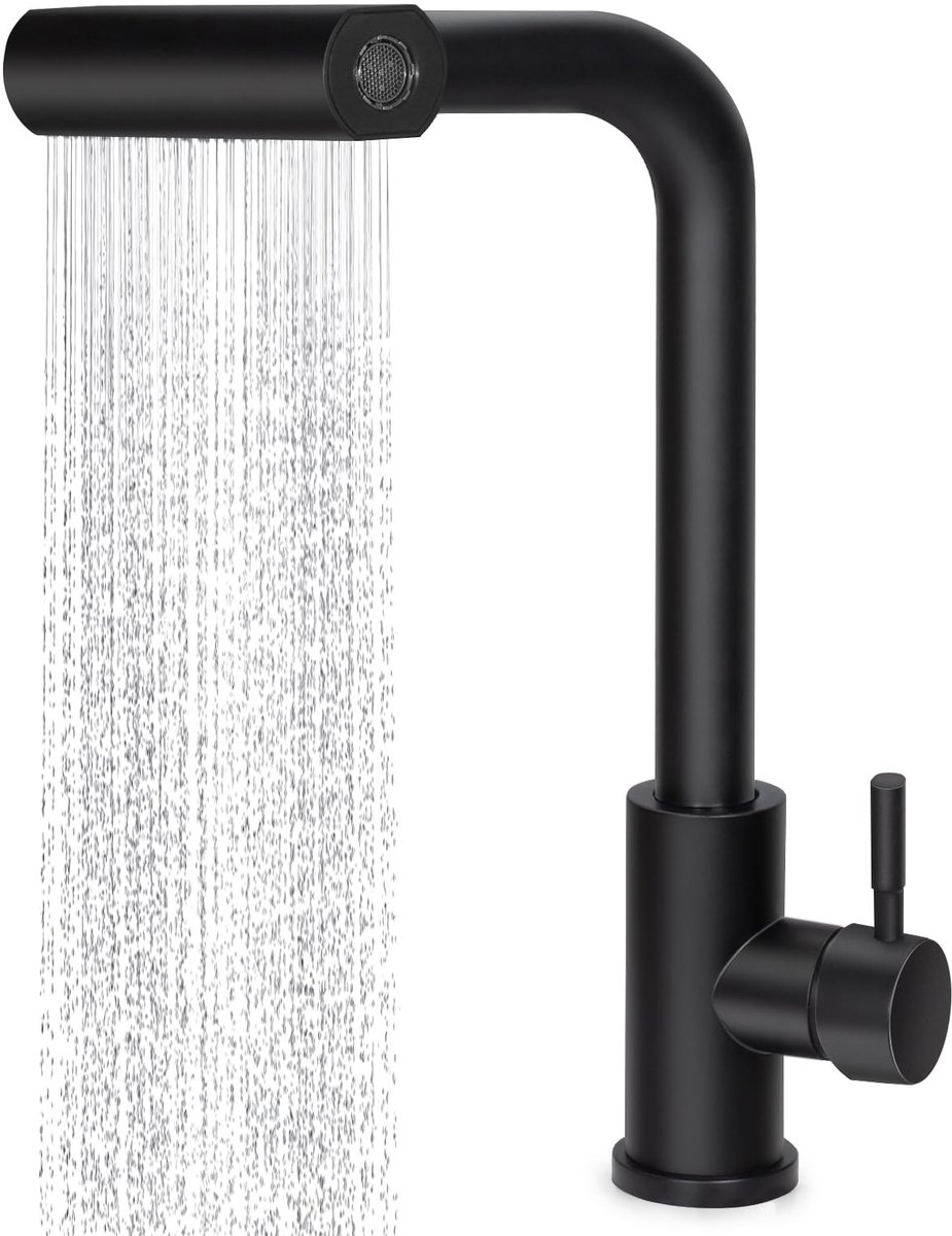 Dailygoods- Keukenkraan met uittrekbare uitloop - Waterval functie - 360° Draaibaar - 4 Straalsoorten - Instelbaar warm/koud water - Zwart - Keukenmengkraan