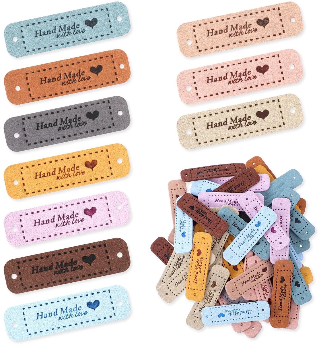 Dailygoods- Labels 60 Stuks - Handgemaakte Labels - Microvezelleer - Kleurrijke Tags - Doe-het-zelf Knutselen - Afmetingen 5,5 cm - Naaietiketten